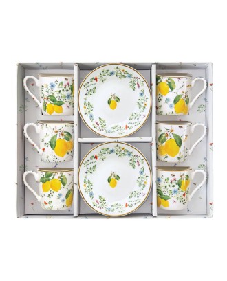 Set 6 cesti si farfurii pentru cafea, 100 ml, Fleurs Citrons - SIMONA'S COOKSHOP